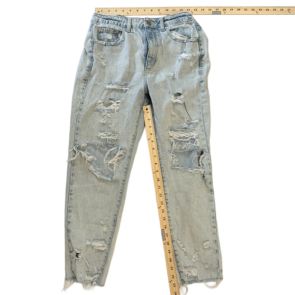 Light Wash High-Waisted Destroyed Mom Jeans in Blue - Picture 4 of 6